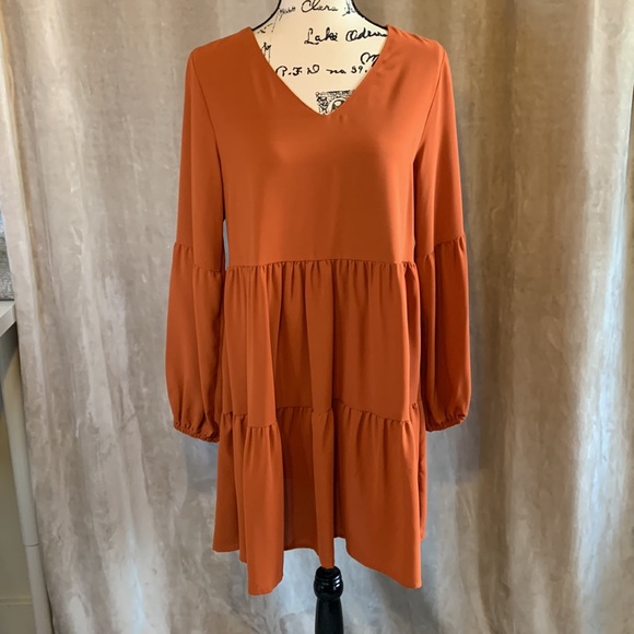 Tunic Dress V Neck Casual Loose Flowy Swing Shift Dresses Orange Caramel - Picture 2 of 12